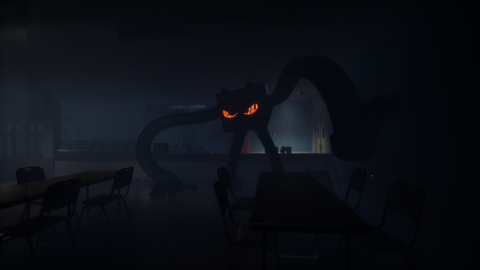 Gameplay screenshot from Primitive Shades showing an abandoned school interior